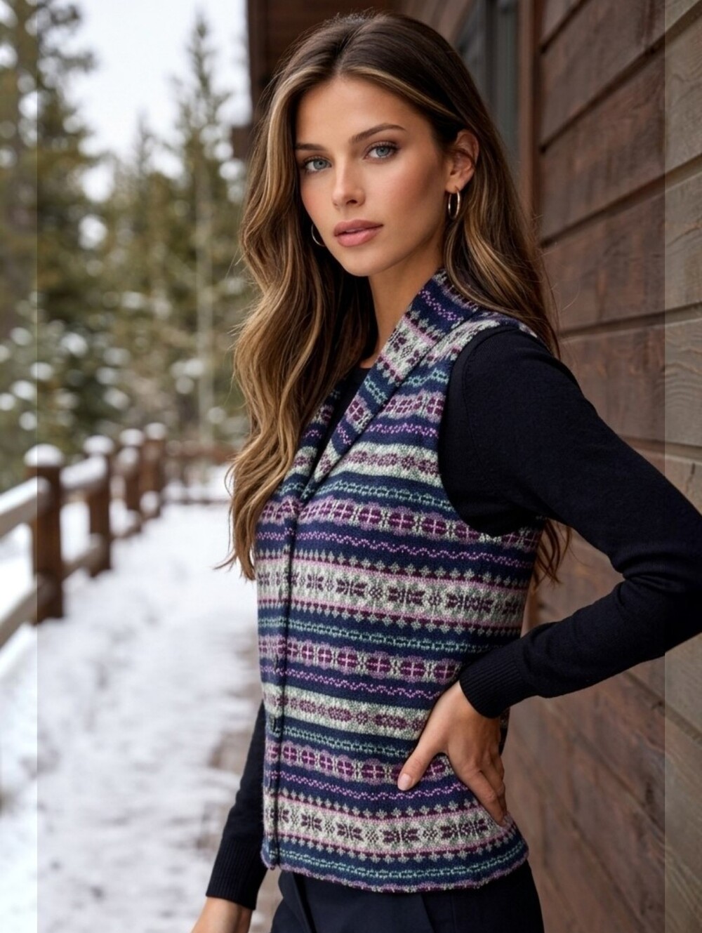 Chaps Denim Fair Isle Sweater Vest 2X Knit Western Button Up Shawl Collar